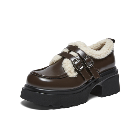 百思图2025冬季新款牛津鞋时尚加绒保暖学院风女单鞋CM691DM5