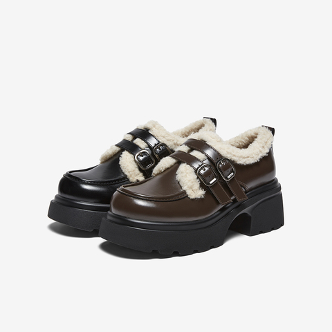 百思图2025冬季新款牛津鞋时尚加绒保暖学院风女单鞋CM691DM5