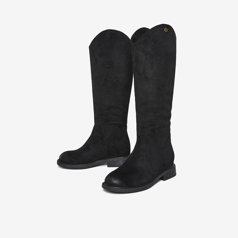 百思图2025冬季新款西部靴时尚潮流复古街头粗跟女长靴W1818DG5