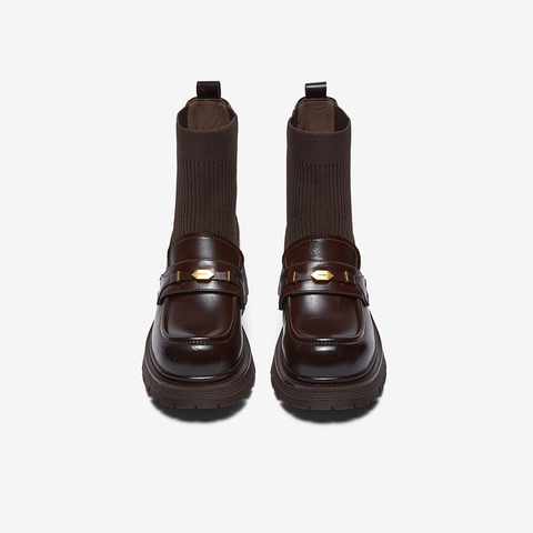 百思图2025冬季新款袜靴时尚潮流学院风粗跟女中靴BP521DZ5