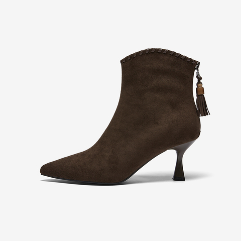 百思图2025冬季新款时装靴时尚潮流通勤细高跟尖头女短靴W0751DD5