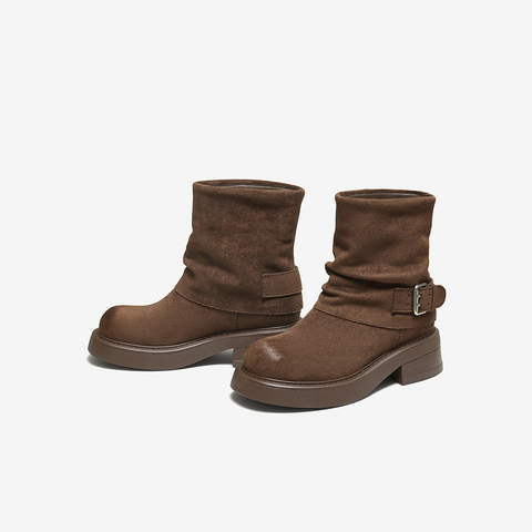 百思图2025冬季新款时装靴时尚潮流通勤粗跟女短靴W0103DZ5