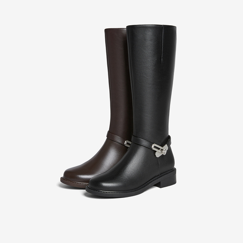 百思图2025冬季新款骑士靴简约时尚通勤高筒女长靴K5131DG5