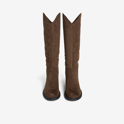 百思图2025冬季新款西部靴时尚潮流复古街头粗跟女长靴W1818DG5