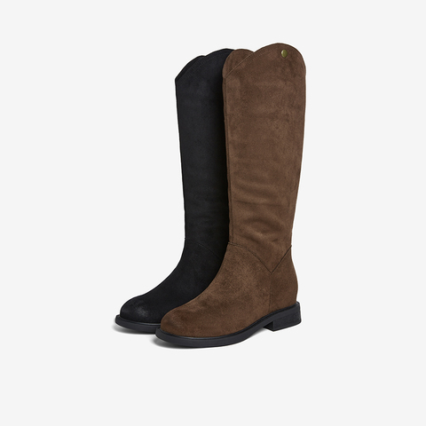 百思图2025冬季新款西部靴时尚潮流复古街头粗跟女长靴W1818DG5