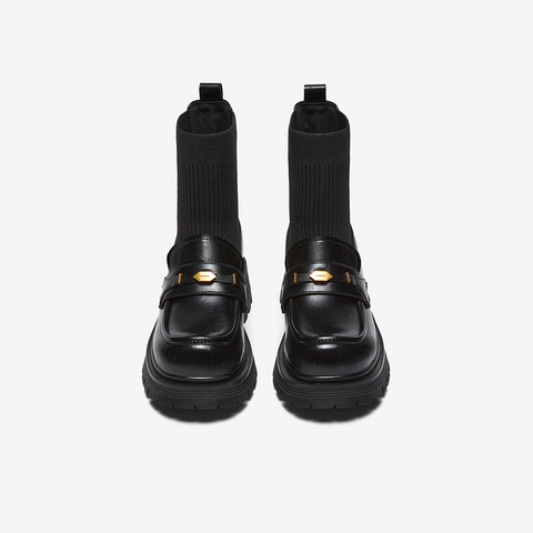 百思图2025冬季新款袜靴时尚潮流学院风粗跟女中靴BP521DZ5