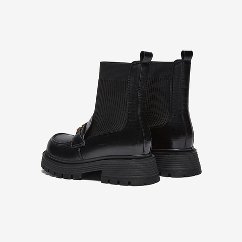 百思图2025冬季新款袜靴时尚潮流学院风粗跟女中靴BP521DZ5