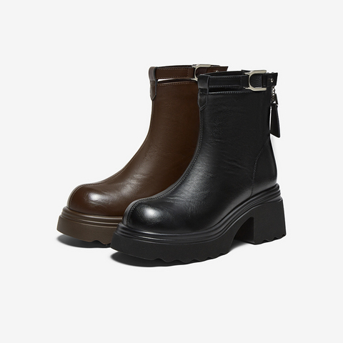 百思图2025冬季新款时装靴时尚潮流通勤粗跟女短靴F2012DD5