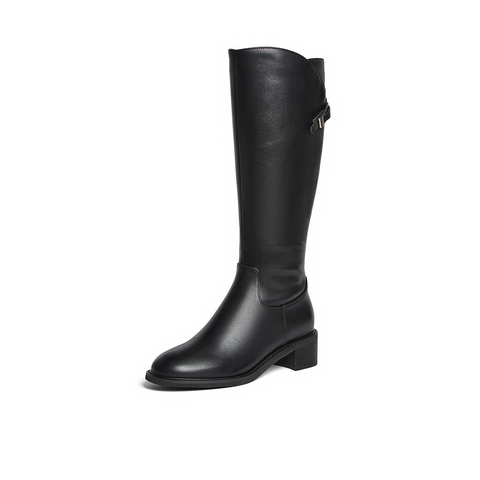 百思图2025冬季新款骑士靴时尚简约通勤粗跟女长靴AX892DG5