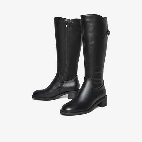 百思图2025冬季新款骑士靴时尚简约通勤粗跟女长靴AX892DG5