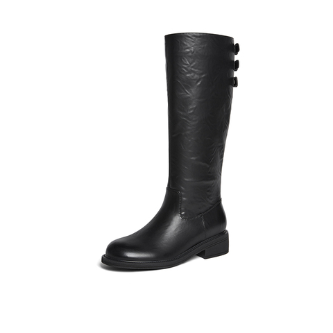 百思图2025冬季新款骑士靴时尚简约复古粗跟女长靴B7621DG5