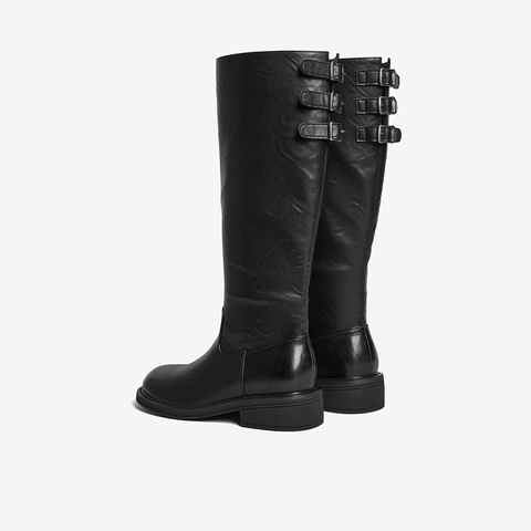 百思图2025冬季新款骑士靴时尚简约复古粗跟女长靴B7621DG5