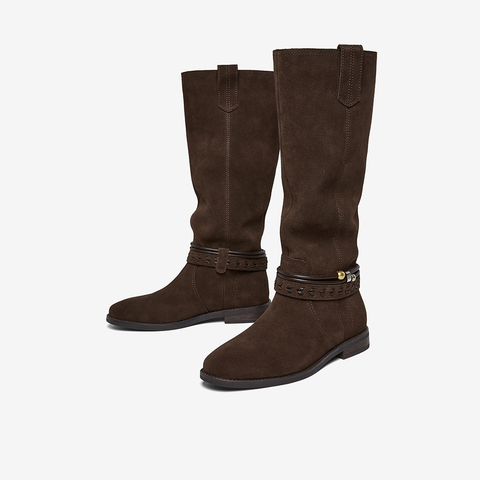 百思图2025冬季新款商场同款西部靴时髦复古牛仔女长靴E5652DG5