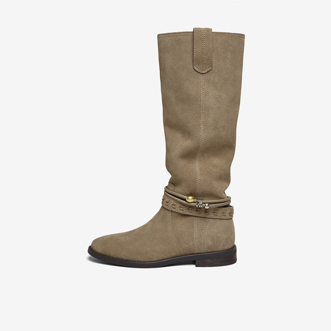 百思图2025冬季新款商场同款西部靴时髦复古牛仔女长靴E5652DG5