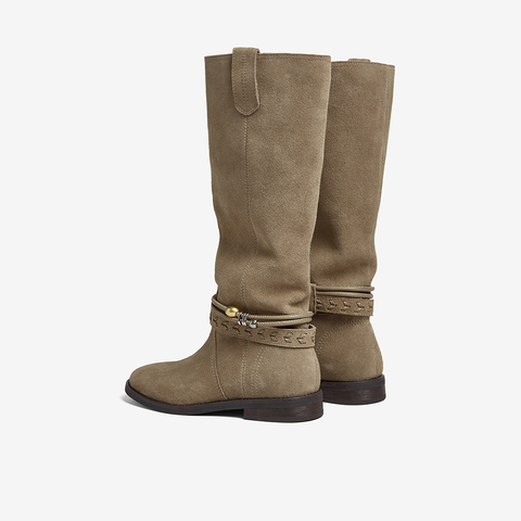 百思图2025冬季新款商场同款西部靴时髦复古牛仔女长靴E5652DG5