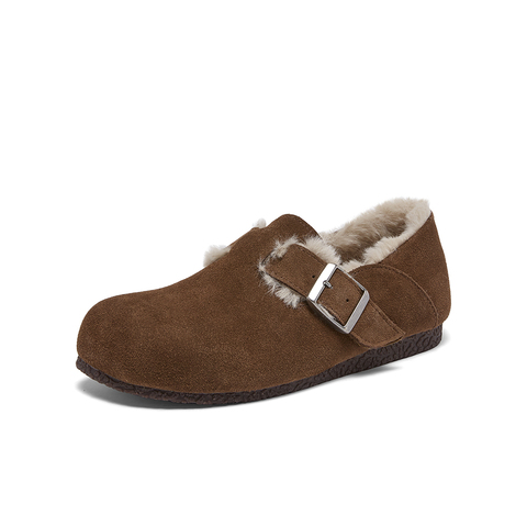 百思图2025冬季新款勃肯鞋时尚复古休闲加绒保暖女单鞋P8301DM5