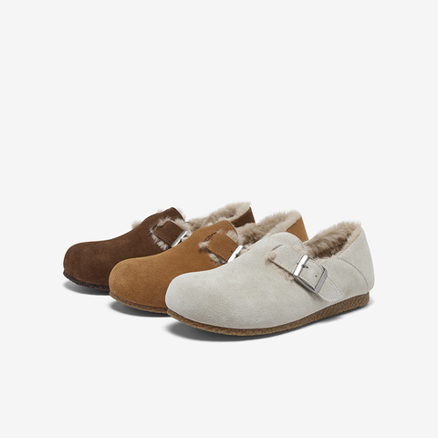 百思图2025冬季新款勃肯鞋时尚复古休闲加绒保暖女单鞋P8301DM5