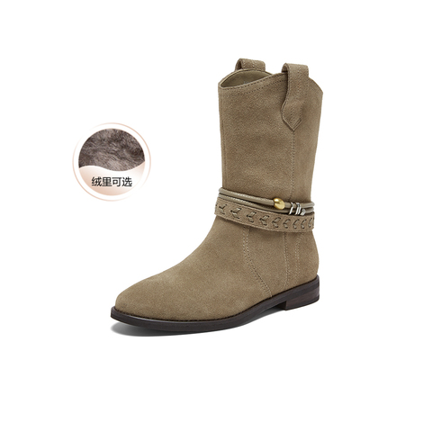 百思图2025冬季新款商场同款西部靴复古牛仔女中靴E5651DZ5