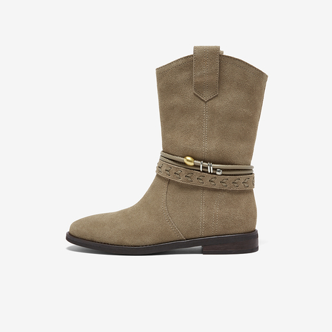 百思图2025冬季新款商场同款西部靴复古牛仔女中靴E5651DZ5