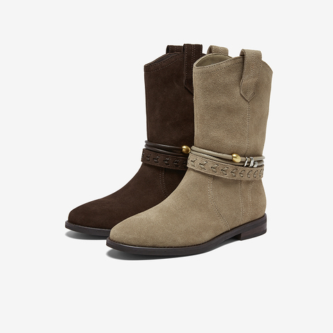 百思图2025冬季新款商场同款西部靴复古牛仔女中靴E5651DZ5