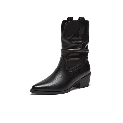 百思图2025冬季新款堆堆靴时装靴时尚潮流粗跟尖头女中靴F3061DZ5