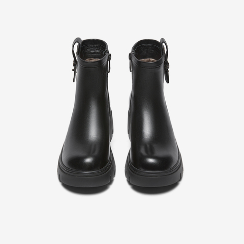 百思图2025冬季新款时装靴时尚简约通勤粗跟女短靴H6829DD5