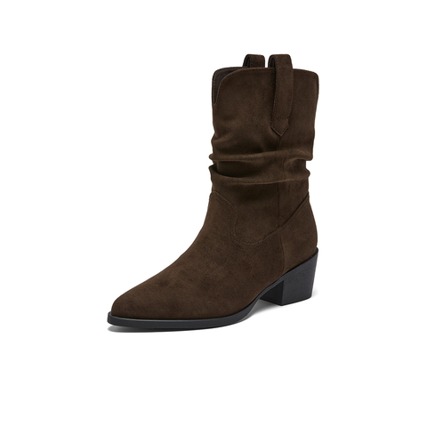 百思图2025冬季新款堆堆靴时装靴时尚潮流粗跟尖头女中靴F3061DZ5