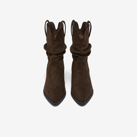 百思图2025冬季新款堆堆靴时装靴时尚潮流粗跟尖头女中靴F3061DZ5