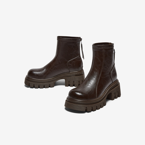 百思图2025冬季新款商场同款时装靴时尚潮流粗跟女短靴F6012DD5