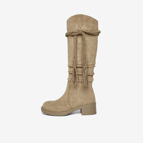 百思图2025冬季新款西部靴时尚复古潮流粗跟女长靴B9200DG5