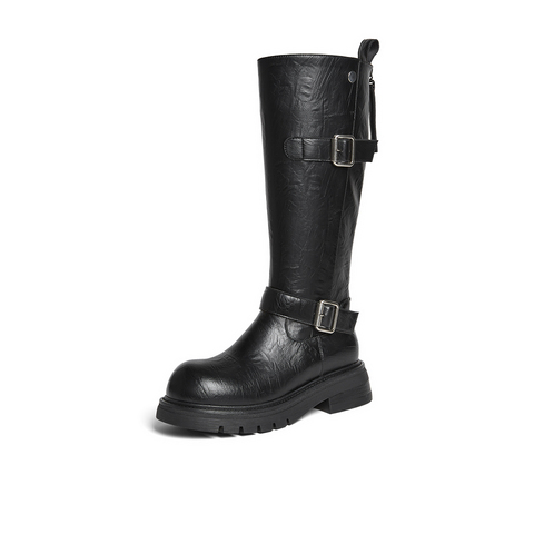 百思图2025冬季新款骑士靴时尚潮流街头女长靴W2053DG5