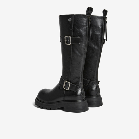 百思图2025冬季新款骑士靴时尚潮流街头女长靴W2053DG5