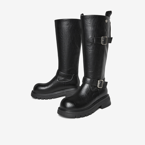 百思图2025冬季新款骑士靴时尚潮流街头女长靴W2053DG5
