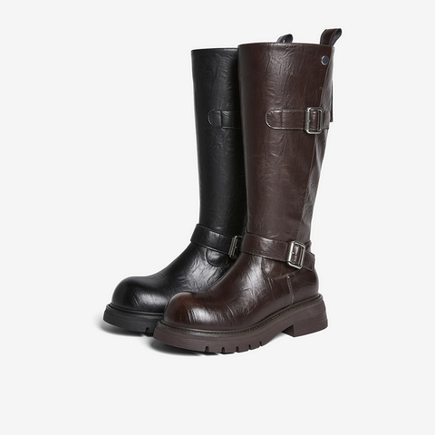 百思图2025冬季新款骑士靴时尚潮流街头女长靴W2053DG5