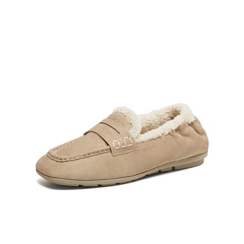 百思图2025冬季新款乐福鞋时尚复古休闲加绒保暖女单鞋UXE06DA5