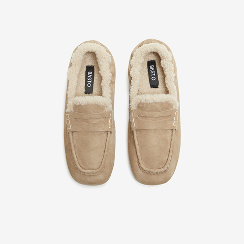 百思图2025冬季新款乐福鞋时尚复古休闲加绒保暖女单鞋UXE06DA5