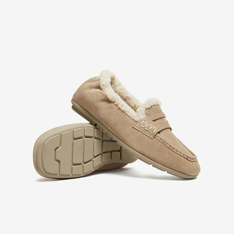 百思图2025冬季新款乐福鞋时尚复古休闲加绒保暖女单鞋UXE06DA5