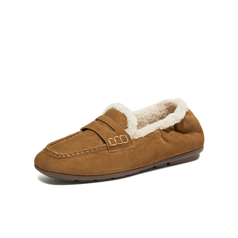 百思图2025冬季新款乐福鞋时尚复古休闲加绒保暖女单鞋UXE06DA5