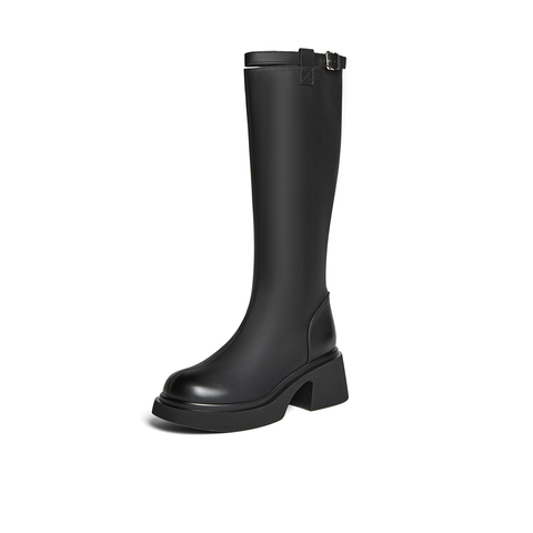 百思图2025冬季新款骑士靴时尚简约街头潮流粗跟女长靴F5607DG5