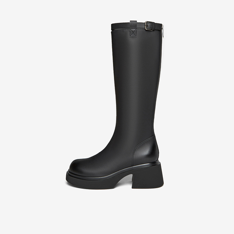 百思图2025冬季新款骑士靴时尚简约街头潮流粗跟女长靴F5607DG5