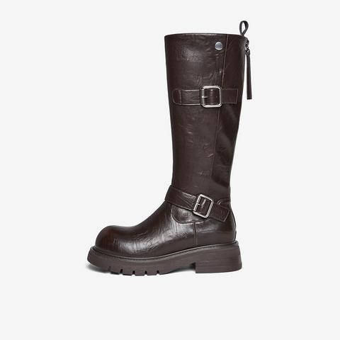 百思图2025冬季新款骑士靴时尚潮流街头女长靴W2053DG5