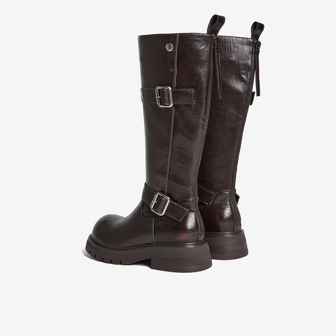 百思图2025冬季新款骑士靴时尚潮流街头女长靴W2053DG5