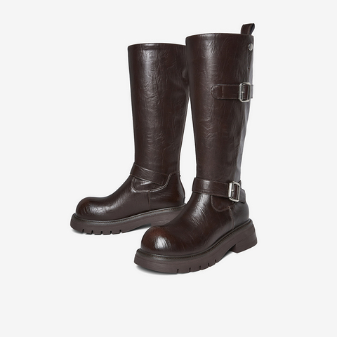 百思图2025冬季新款骑士靴时尚潮流街头女长靴W2053DG5