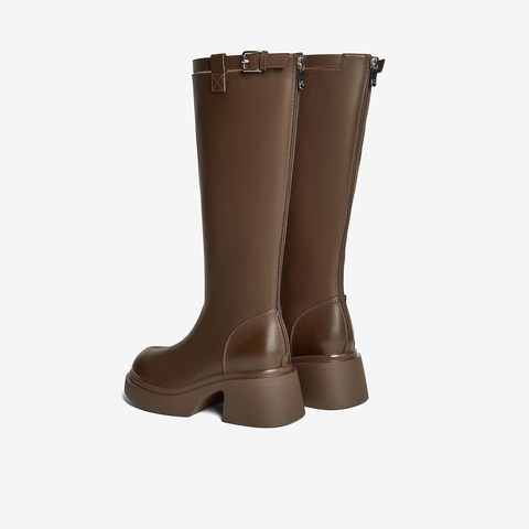 百思图2025冬季新款骑士靴时尚简约街头潮流粗跟女长靴F5607DG5