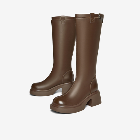 百思图2025冬季新款骑士靴时尚简约街头潮流粗跟女长靴F5607DG5