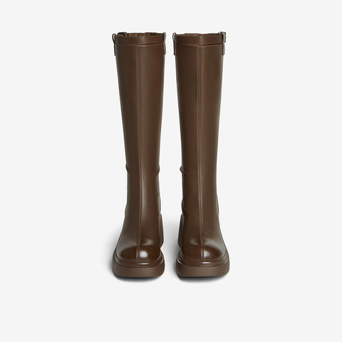 百思图2025冬季新款骑士靴时尚简约街头潮流粗跟女长靴F5607DG5