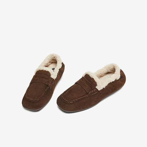 百思图2025冬季新款乐福鞋时尚复古休闲加绒保暖女单鞋UXE06DA5