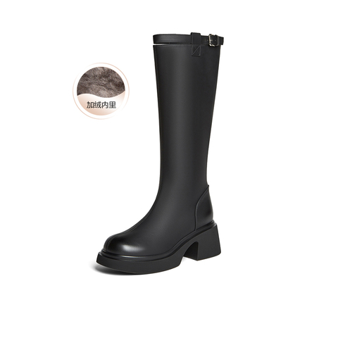 百思图2025冬季新款骑士靴时尚简约街头潮流粗跟女长靴F5607DG5