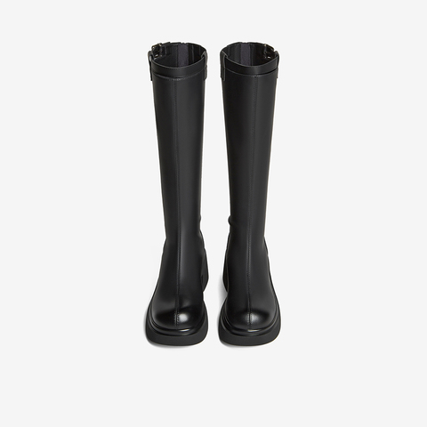 百思图2025冬季新款骑士靴时尚简约街头潮流粗跟女长靴F5607DG5