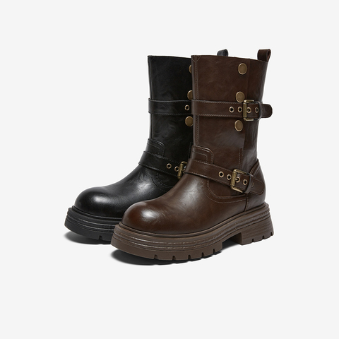 百思图2025冬季新款西部靴时尚复古潮流骑士女中靴BP928DZ5